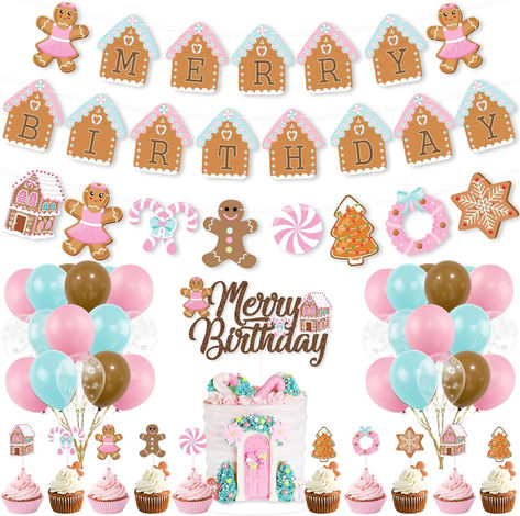 Christmas Birthday Decorations,Pink Gingerbread Man Merry Birthday Theme Banner Candy House Cake Topper Latex Balloons for Boys Girls Birthday Party Supplies Baby Shower #christmasbirthday #ad #pinkbirthday #pinkchristmas #merrybirthday #ginerbreadhouse #birthdaydecor Gingerbread Girl Birthday Party, Girly Christmas Birthday Party, Gingerbread House Birthday Cake, Gingerbread Theme Birthday Party, Gingerbread Birthday Party Ideas, Gingerbread First Birthday, Pink Gingerbread Party, Kids Christmas Birthday Party Ideas, Christmas Theme Birthday Party For Girl