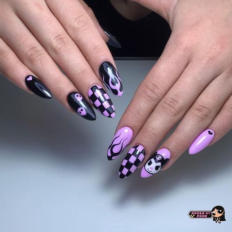 Kromium Nails, Alternative Nails Acrylic, Kuromi Inspired Nails, Kuromi Nails Short, Nail Kuromi, Kuromi Nails Acrylic, Uñas Kuromi, Kuromi Nail Art, Nails Kuromi