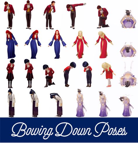 Bowing Down Poses: | Atashi77 on Patreon Bow Down Pose Reference, Sims 4 Stories, Royalty Dress, Sims Stories, Sims 4 Family, Bow Pose, Sims 4 Dresses, Sims 4 Toddler, Don Juan