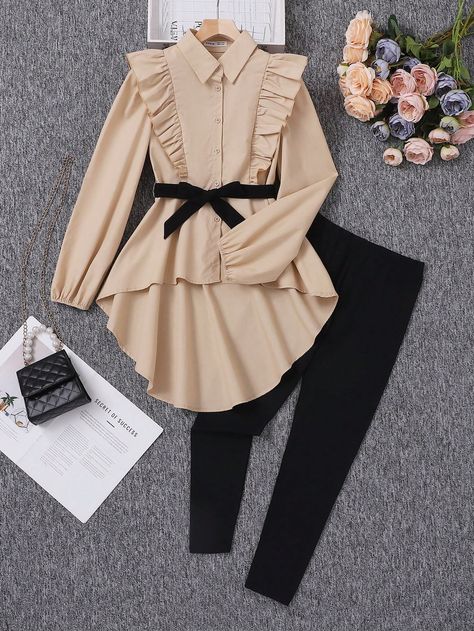 Khaki Cute Collar Long Sleeve  Colorblock  Embellished Non-Stretch  Teen Girls Clothing Materials Gown Style, Outing Outfit, Long Skirt Fashion, Designer Kurti Patterns, Cute Dress Outfits, Ladies Blouse Designs, Baby Dress Patterns, Elegant Dresses Classy, Solid Leggings