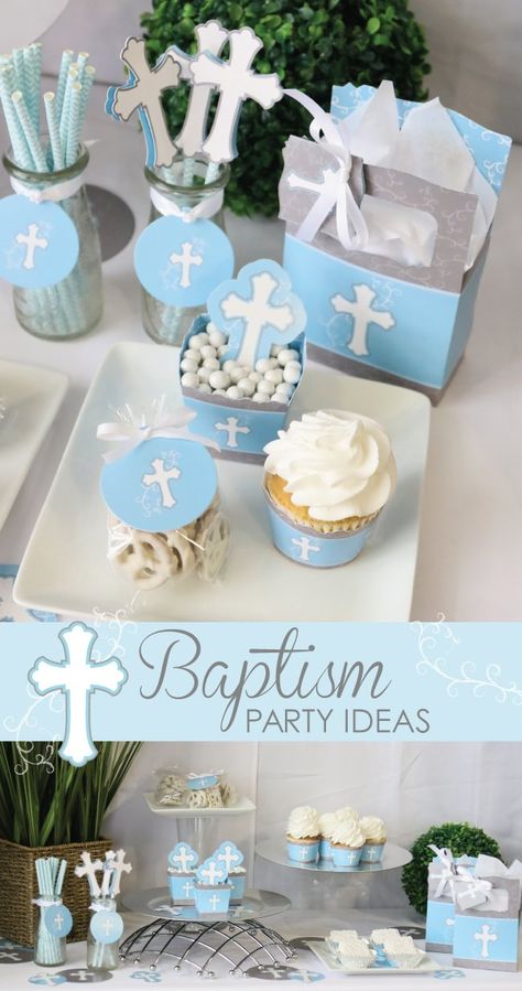 Unique Baptism Party and Christening Reception Ideas - Fun Baptism Decorations from BigDotOfHappiness.com Baby Dedication Party, Baptism Party Boy, Baptism Decorations Boy, Baptism Party Decorations, Baptism Centerpieces, Christening Decorations, First Communion Party, Baptism Decorations, Christening Party