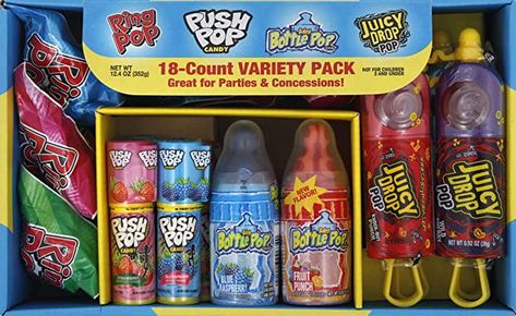 Amazon.com : Bazooka Candy Brands, Lollipop Variety Pack w/ Assorted Flavors of Ring Pop, Push Pop, Baby Bottle Pop, and Juicy Drop Pop (18Count Box) : Grocery & Gourmet Food Push Pop Candy, Raspberry Punch, Blue Punch, Halloween Lollipop, Individually Wrapped Candy, Summer Candy, Popular Candy, Baby Pop, Push Pop