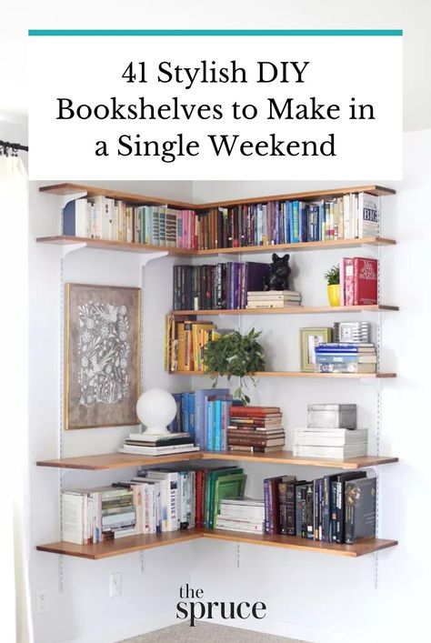 DIY bookshelves can add character and functional storage to your space with a simple project. Discover DIY bookshelf ideas to try at home like this corner bookshelf idea by A Beautiful Mess.#diybookshelf #diyhomedecor  #homedecorideas #remodeltips #renovationideas #thespruce Diy Bookshelf Floating, Diy Corner Bookshelf, Corner Bookshelf Ideas, Corner Bookshelves Living Room, Bookshelves Ideas For Bedroom, Bookshelf Ideas Bedroom, Bookshelf Ideas Living Room, Small Bookshelf Ideas, Room Bookshelf Ideas