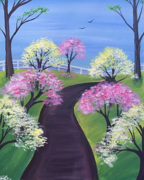 welcome to spring watewr paintng Drawing For Spring, Spring Time Drawings, Easy Spring Canvas Painting, Spring Paintings Easy, Spring Acrylic Paintings Easy, Spring Drawings Ideas, Spring Landscape Drawing, Spring Drawing Easy, Spring Drawings Ideas Art