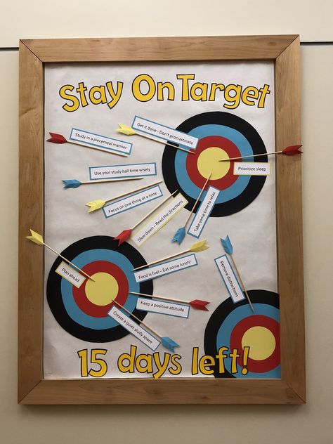 Stay on Target! End of year bulletin board with study skills Bulletin Board Work Offices, Inspirational Bulletin Boards For Middle School, Stay On Target Bulletin Board, Interest Board Ideas, Tagboard Decoration Ideas, Work Poster Board Ideas, Safety Bulletin Board Ideas Work, Study Habits Bulletin Board, High School Board Ideas