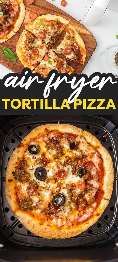 Air Fryer Tortilla Pizza | AirFried.com Air Fryer Tortilla Pizza Recipe, Airfryer Pizza Tortilla, Low Carb Tortilla Pizza Keto Air Fryer, Air Fryer Mexican Pizza, Air Fryer Pizza Toast, Corn Tortillas In Air Fryer, Air Fryer Quesadilla Recipes, Tortilla Pizza In Air Fryer, Air Fryer Tortilla Pizza