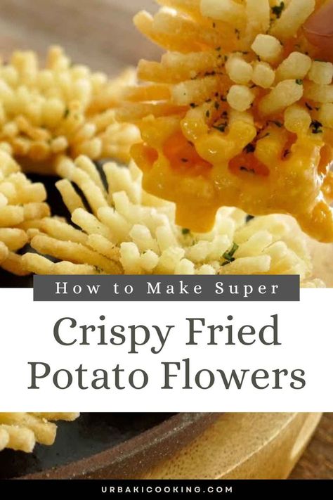 Get ready to elevate your potato game to a whole new level with the delectable creation known as "Super Crispy Fried Potato Flowers." These delightful and visually stunning potato flowers are not just a treat for your taste buds but also a feast for your eyes. Imagine thinly sliced potatoes, perfectly seasoned and meticulously arranged into delicate flower shapes, then deep-fried to golden perfection. The result is a masterpiece that boasts irresistible crispiness on the outside... Deep Fried Sides, Flower Potatoes, Potato Flowers Recipe, Red Skin Potatoes Recipe, Potato Flowers, Potato Flower, Potato Pave, Unique Side Dishes, Fried Potatoes Recipe