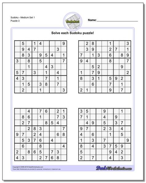 https://www.dadsworksheets.com SudokuMedium Set 1 Worksheet #Sudoku #Worksheet Printable Sudoku, Sudoku Printable, Puzzles Printable, Math Facts Addition, Printable Crossword Puzzles, Free Printable Math Worksheets, Hard Puzzles, Printable Math Worksheets, Sudoku Puzzles