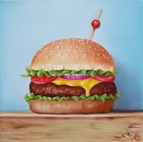 Burger Drawing, Oil Painting Inspiration, Cupcake Art, Food Painting, Painting Subjects, Still Life Oil Painting, Still Life Art, Food Drawing, Online Painting