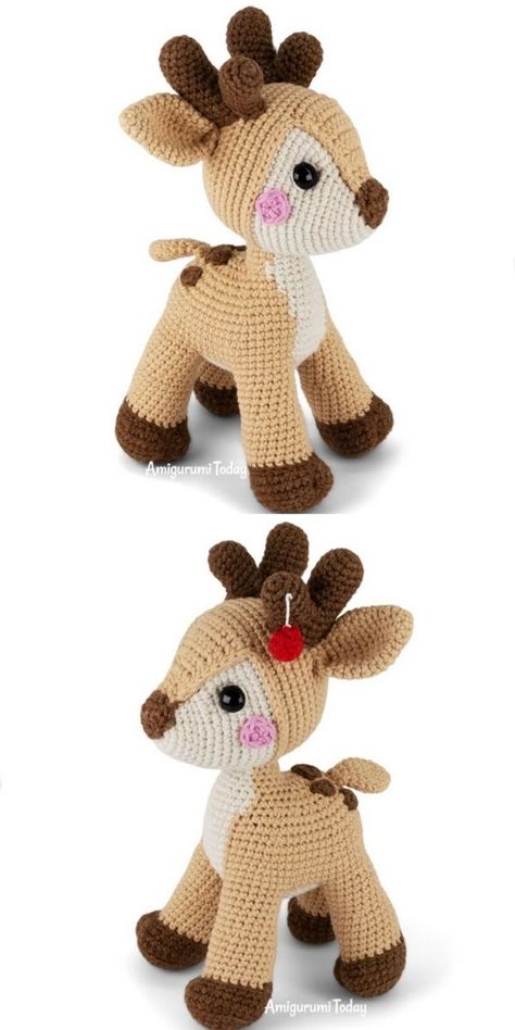 Holiday Crochet Deer Pattern Ideas. How adorable is this little crochet deer in the pictures below, right? It's made by amigurumi.today and it's the ultimate last - minute gift idea, you'll absolutely love how sweet it looks on your windowsill or in your kiddos room! It's ready to leave the forest life behind and spend its time with you!  #freecrochetpattern #amigurumi #deer Crochet Christmas Deer Free Pattern, Reindeer Free Crochet Pattern, Amigurumi Forest Animals Free, Dear Crochet Pattern Free, Crochet Christmas Animals Free Patterns, Christmas Reindeer Crochet Pattern, Deer Amigurumi Pattern, Bambi Crochet Pattern Free, Crochet Rudolph Pattern Free