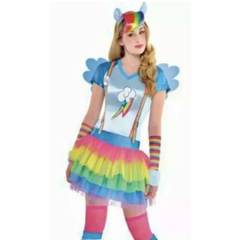 New, Never Worn My Little Pony Rainbow Dash Costume Includes: Pin, Tail, Dress, Wings, Headband, Leg Warmers, & Arm Warmers. Size: Medium Juniors 7-9 Rainbow Dash Costume, My Little Pony Rainbow Dash, Womens Scrub Tops, My Little Pony Twilight, Tail Dress, Womens Scrubs, Cosplay Dress, Rainbow Dash, Adult Costumes