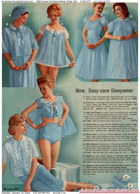 1960 Sears Christmas Book, Page 184 - Christmas Catalogs & Holiday Wishbooks Babydoll Pajamas, Baby Doll Pajamas, 1960s Lingerie, Vintage Sleepwear, Patron Vintage, Lingerie Vintage, Retro Lingerie, 20th Century Fashion, Vintage Nightgown