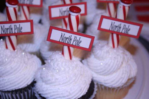 - North Pole Cupcakes for a "Polar Express" party Polar Express Cupcake Ideas, School Polar Express Day, Polar Express Party Ideas Food, Polar Express Dessert Ideas, Polar Express Cake Pops, Polar Express Christmas Party Food, Polar Express Themed Snacks, Polar Express Party Ideas, Christmas Snacks Easy