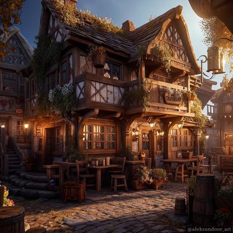 Medieval Tavern Exterior, Medieval Town Aesthetic, Novigrad Witcher, Tavern Exterior, Medieval House Concept Art, Taverna Medieval, Fantasy Inn, Medieval Tavern, Wattpad Background