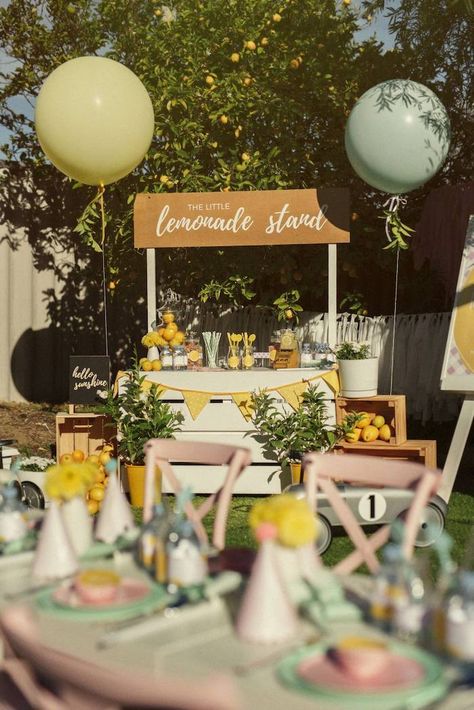 Lemonade Stand from a Vintage Chic Sunshine & Lemonade Party on Kara's Party Ideas | KarasPartyIdeas.com (36) Lemonade Stand Birthday, Lemonade Stand Party, Lemon Themed Party, Diy Lemonade Stand, Kids Lemonade, Diy Lemonade, Lemon Themed Bridal Shower, Pink Lemonade Party, Sunshine Birthday Parties