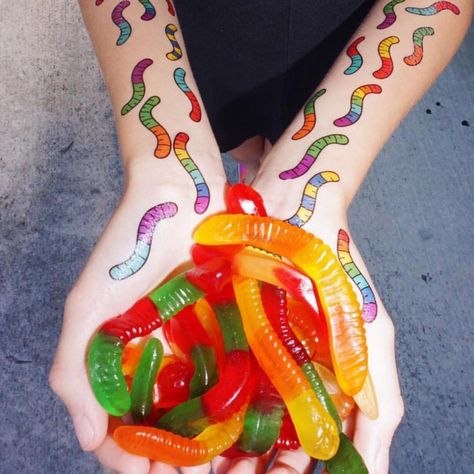 Gummy Worm Tattoo, Gummy Art, Worm Tattoo, Worm Drawing, Gummy Worm, Gummy Worms, Dreamcore Weirdcore, Food Inspo, Temporary Tattoos