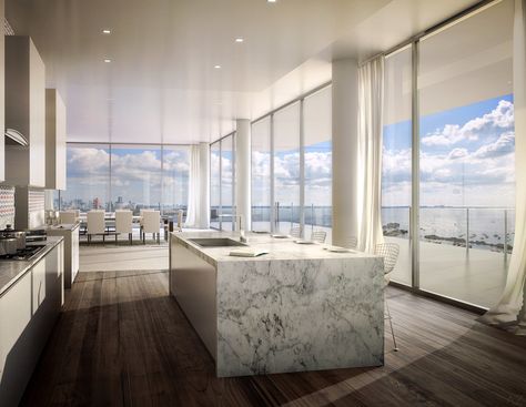 A Glass-Walled Penthouse by Bjarke Ingels Is for Sale in Miami Photos | Architectural Digest Big Apartment Luxury, Glass Penthouse, Penthouse Kitchen, Luxury Apartments Interior, Penthouse Living, Colonial Mansion, Bjarke Ingels, Luxury Penthouse, Appartement Design