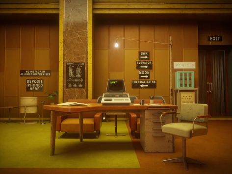 80s Office, Futuristic Office, The Grand Budapest Hotel, 70s Interior, Old Office, Retro Interior Design, Retro Office, Grand Budapest Hotel, Grand Budapest