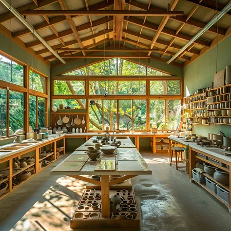 Discover the charm of our workshop room, a spacious studio combining wood and green clay, nestled in nature. High ceilings, abundant windows, and serene forest views create an inspiring setting for creativity. Central to the room, a large island table and shelves are stocked with pottery tools and ceramic materials, perfect for crafting and exploration. Outside Pottery Studio, Pottery Studio Architecture, Large Island Table, Ceramic Workshop Pottery Studio, Pottery Studio Interior Design, Ceramic Studio Layout, Art Studio Architecture, Craft Room Set Up, Pottery Studio Aesthetic