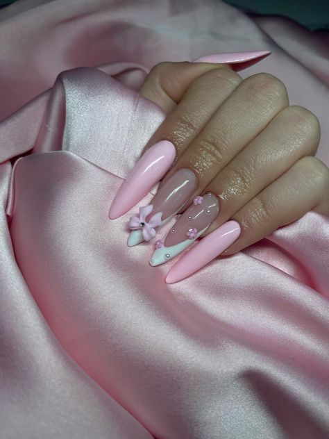 Cute Soft Acrylic Nails, Almond Long Nails, Stilleto Nails Designs, Bow Nails, Glow Nails, Classy Acrylic Nails, Short Square Acrylic Nails, Pink Coquette, Soft Nails