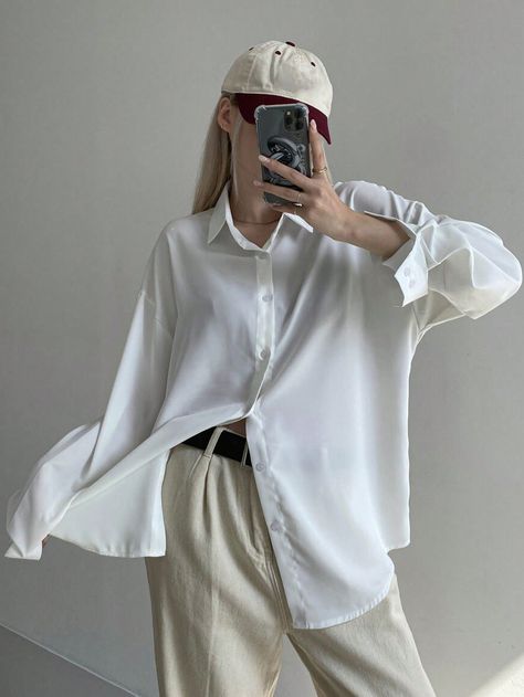 White Casual Collar Long Sleeve Polyester Plain Shirt Embellished Slight Stretch  Women Clothing Baggy Shirts For Women, Cosplay Making, Baggy Shirts, Cotton Shirts Women, Casual Shirt Women, Plain Shirt, Women Blouses, Jewelry Outfit, Plain Shirts