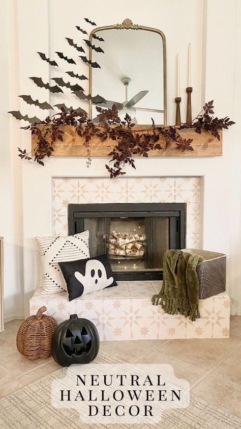 Sharing our Halloween Fireplace Mantel decor! We used neutral halloween decor in shades of plum and black. Paper black bats flying up the fireplace mantel with fall garland. Neutral Fall Fireplace Decor, Halloween Boho Decor, Fall Decor Fireplace Ideas, Vintage Style Vanity, Fall House Decorations, Halloween Fireplace Decor, Neutral Halloween Decor, Samhain Decorations, Paper Bats