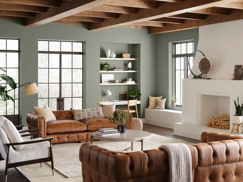 Evergreen Fog, Sage Green Living Room, Paint Trends, Sherwin Williams Colors, Green Paint Colors, Living Room Trends, Living Room Green, Design Living Room, Green Paint