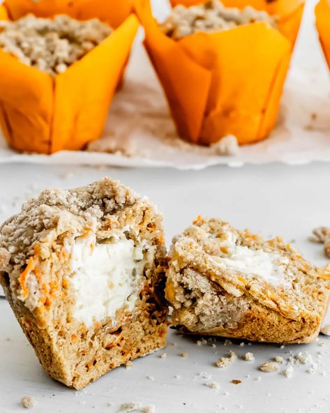 Cheesecake Stuffed Carrot Muffins | Bonni Bakery Carrot Cake Muffins Recipe, Carrot Muffin, Carrot Cake Muffin Recipe, Carrot Cheesecake, Muffins With Cream Cheese, Cheesecake Baked, Moist Carrot Cake, Cheesecake Muffins, Moist Carrot Cakes