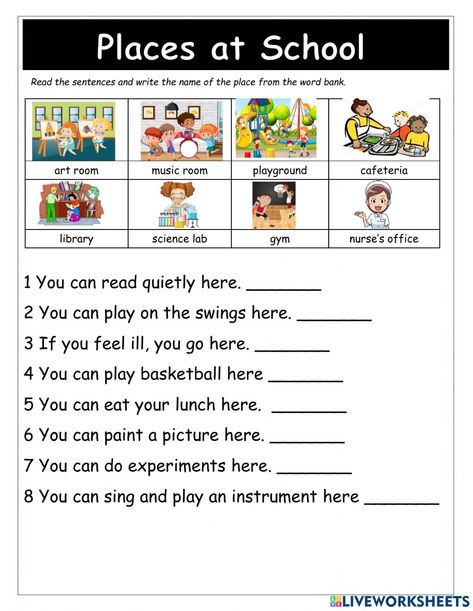 Primary 2 English Worksheet, My School Worksheets For Kids, My School Worksheet, At School Worksheets, School Worksheets Kindergarten, Place Worksheet, Primary School Activities, English Primary School, School Exercise