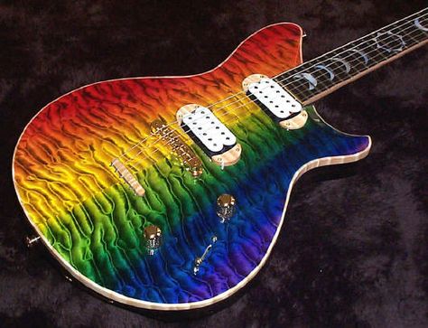 Mulit Color Guitars, Rainbow Colored Guitars, Rainbow Guitars, Roman Guitars Rainbow Guitar, Painted Guitar, Guitar Finishes, Sick Guitars, Pretty Guitars, Random Objects, Bass Guitar Lessons, Taylor Guitars, Guitar Pins