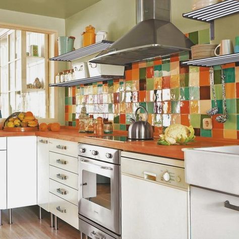 modern kitchen tiles and backsplash designs Colorful Kitchen Backsplash, Color Tile Backsplash, Modern Kitchen Tiles, Colorful Backsplash, Kitchen Backsplash Designs, Orange Kitchen, Backsplash Designs, Backsplash Tile, Kitchen Tile