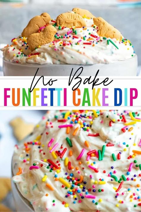 This Funfetti Cake Dip Recipe only requires five ingredients and is simple to make. This Dunkaroo Dip is a must for birthday parties or holidays. Fun Getting Dip, Easy Party Food Dessert, How To Make Dunkaroo Dip, Funfetti Dip With Yogurt, Funfetti Cake Dip Recipe, Dip For Teddy Grahams, Easy Dunkaroo Dip, Dip Themed Party, Teddy Gram Dip