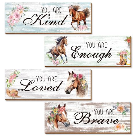 PRICES MAY VARY. The package include 4PCS different wooden horse theme cowgirl wall art decor with motivational quotes. The size of each wall art is about 11.4 x 3.9 x 0.2 inches(29 x 10 x 0.5 CM). No matter what happens and goes through, a cowgirl/cowboy will always overcome all odds and achieve ultimate success. Flowers symbolize hope and warmth after experiencing hardships. No wonder it is loved by children, young people and adults. Since this inspirational cowgirl theme horse bathroom decor Cow Living Room Ideas, Cowgirl Bedroom Ideas For Kids, Horse Bedroom Decor, Cowgirl Theme Bedrooms, Horse Bathroom Decor, Horse Bathroom, Girl Horse Room, Horse Girls Bedroom, Highland Cow Decor