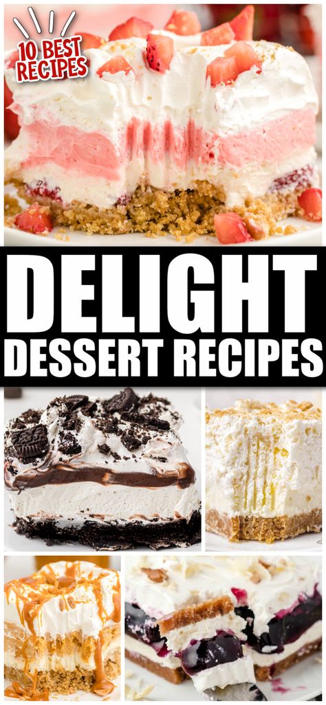 These Delight Dessert Recipes contain some of the creamiest, most luscious desserts that you can make to impress guests or eat it all yourself. Easy Delight Desserts, Dessert Recipes Lasagna, Brownie Delight Recipes, Delight Recipes Desserts, Heavenly Delight Dessert, Dessert Lush Recipes, Lush Cakes Dessert Recipes, Lush Recipes Dessert, Progressive Dinner Dessert Ideas