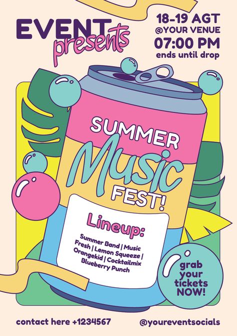 Editable vector poster template for summer music festival or events. Concert Marketing Ideas, Music Festival Invitation, School Festival Poster, Retro Music Festival Poster, Musical Festival Poster, Summer Concert Poster, Summer Festival Poster Design, Summer Festival Branding, Music Festival Graphic Design