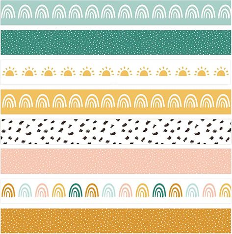 Package Includes - 72pcs boho theme bulletin border stickers in 8 designs, each design contains 9pcs, sufficient for classroom decoration. Boho Style Design - The bulletin border takes boho as the theme, designed in 8 styles, they have unique patterns like rainbow, sun, etc., simple and adorable, mainly colored in blue, pink and yellow, fresh and unique, rich styles offer you various combination choices, wonderful for decoration. Boho Bulletin Board, Motivational Bulletin Boards, Rainbow Bulletin Boards, Stickers For School, Colorful Bulletin Boards, Neutral Classroom Decor, Colorful Trim, Bulletin Borders, Border Sticker