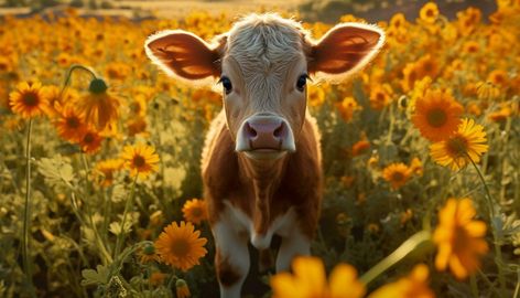 Cute cow grazes on meadow, surrounded by yellow flowers generated by AI Cow In Flower Field, Cow Crocs, Aesthetic Cow, Cows Mooing, Field At Sunset, Field Wallpaper, Cow Spots, Cow Gifts