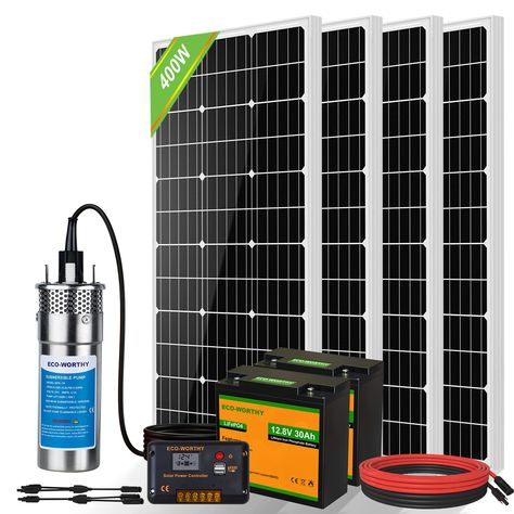 PRICES MAY VARY. [Ultimate 400W Solar Well Pump Kit]: The solar well pump kit includes 400W solar panel kit and 3.2 GPM deep well pump (120W) , 2pcs 30Ah lithium battery with solar power controller. This excellent solar water pumping system makes the pump powerful as a beast. [Powerful 30Ah Lithium Battery]: ECO-WORTHY lithium iron phosphate battery (LiFePO4) can be recharged more than 3000 deep cycles. Built-in BMS protects the cell from getting damage like: overcharge, over-discharge, discharg Solar Water Pumping System, Water Heater Diy, Diy Septic System, Pond Home, Deep Well Submersible Pump, Water Pump System, Hand Water Pump, Deep Well Pump, Grid Ideas