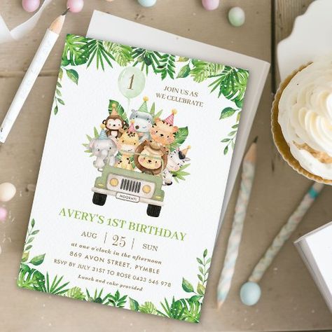 $1.9 | Jungle Animals Safari Car Greenery 1st Birthday - cute lion elephant giraffe monkey, chic cute whimsical, watercolor green tropical leaves, lush tropical forest foliage, safari car drive cartoon, jungle safari, jungle animals 1st birthday party, gender neutral first birthday, adorable hippo tiger zebra, festive party hats green balloon Safari Birthday Invitation Template, Safari Birthday Invitations, Safari Car, 65th Birthday Invitations, Boy Shower Themes, Jungle Safari Birthday, Animals Safari, Safari Birthday Party, Birthday Inspo