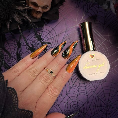 Swipe to watch the NEW Enchanted Chameleon Cat Eye Charme Gels color shift 😻✨ Are you loving the new gels? Vote in the comments 👇 Comment “ENCHANTED” for the direct link to shop! 🔗 Save & share for spooky Halloween & fall nail inspo! 🍁🎃 Follow @daily_charme for more nail trends! 💅 #cateyenails #spookynails #velvetnails #colorshiftingnails #nailarttrends #diynails #nailpoll #nailtech #nailartsupplies #nailart #gelnails #nails #fallnails #halloweennails #halloween2024 #beetlejuicenails #hallo... Black And Orange Cat Eye Nails, Halloween Cat Eye Nails, Fall Cat Eye Nails, Orange Glitter Nails, Cat Eyes Nail, Autumn Aura, Ombre Chrome Nails, Velvet Nails, G Nails