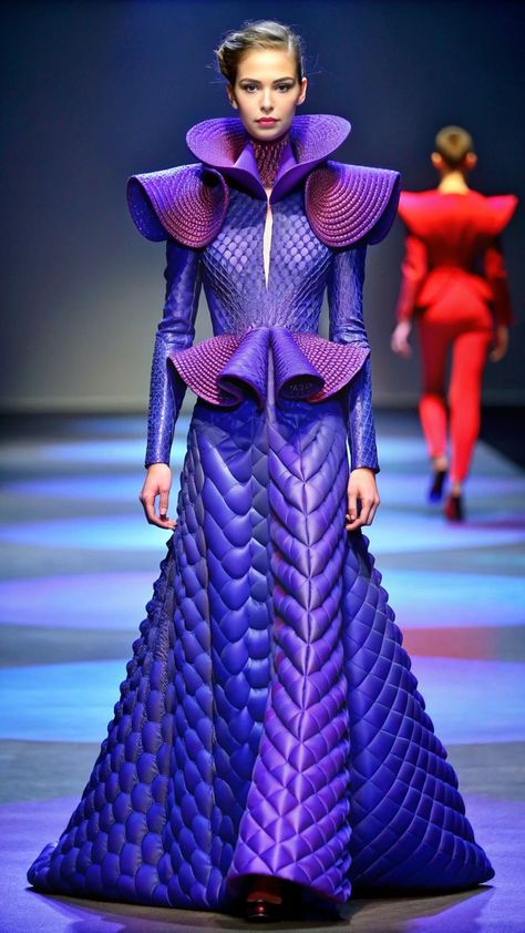 Model wearing a bold purple futuristic couture gown with structured silhouettes, perfect for high-fashion looks in 2024 Purple Couture, Structured Fashion, Purple Gown, High Fashion Trends, Purple Gowns, High Fashion Editorial, Colors And Patterns, Futuristic Fashion, Avant Garde Fashion