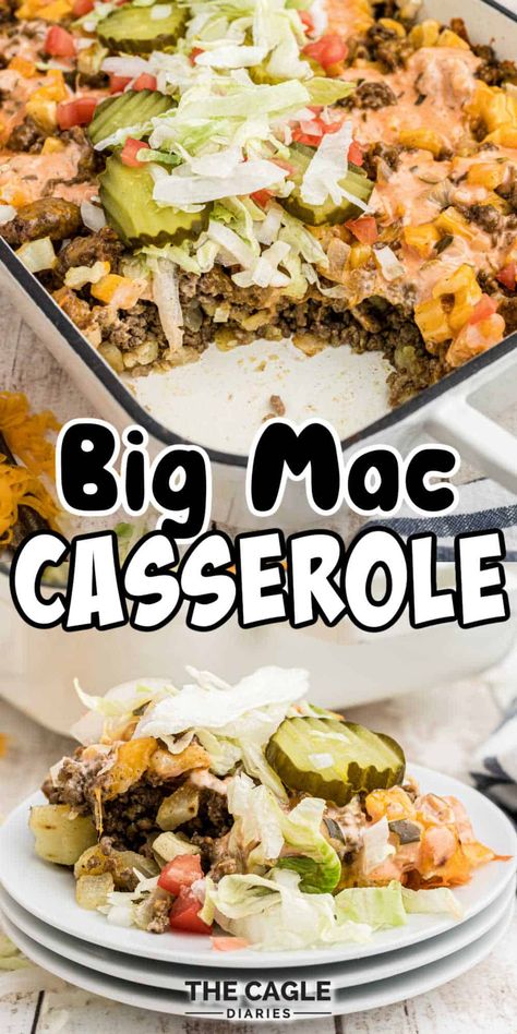 A tasty Big Mac Casserole that tastes just like the famous hamburger from McDonalds restaurants. This is sort of a copycat recipe, if you think of it like a version of a copycat. It's just formed differently. Tastes just like the real deal though. Supper Idea With Hamburger, Hamburger Recipes With Hashbrowns, Recipes With Pound Of Hamburger, Big Mac Skillet, Big Mac Hotdish, Scrambled Hamburger Recipes Ground Beef, One Dish Hamburger Meals, Big Mac Pie, Ground Burger Recipes Casseroles