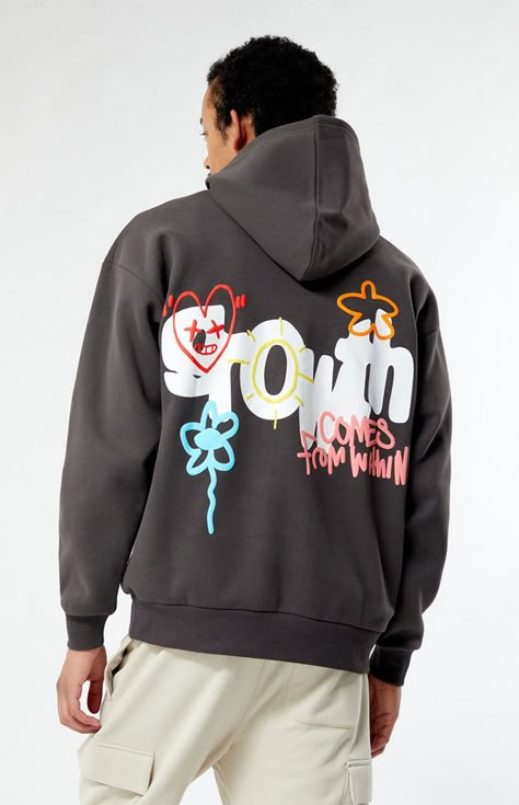 Step up your hoodie game with the Home Grown Hoodie from PacSun. This hoodie features a fixed hood, long sleeves, a kangaroo pocket, a standard fit, and a soft fleece fabrication for ultimate comfort. The puff graphics on the front and back add a touch of style, making it the perfect choice for a cozy and trendy look.   	Hooded neckline 	Long sleeves 	Standard fit 	Kangaroo pocket 	Puff graphics front & back 	50% Cotton, 50% polyester 	Machine washable 	Model is wearing size medium 	Model Measurements: 6'2” Height, 28" Waist, 32” Inseam Multi Colored Hoodie, Men’s Graphic Hoodie, Trending Hoodie Designs, Back Of Sweatshirt Designs, Hoody Designs, Simple Hoodie Design, Trendy Hoodies Men, Cool Hoodie Designs, Merch Ideas Products