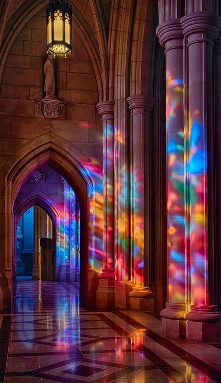 Cathedral Window Photography, Stained Glass Windows Wallpaper, Light Through Stained Glass Window, Repurposed Stained Glass Windows, Rainbow Stained Glass Window, Colored Glass Aesthetic, Color And Light Art, Large Stained Glass Window, Stain Glass Aesthetic