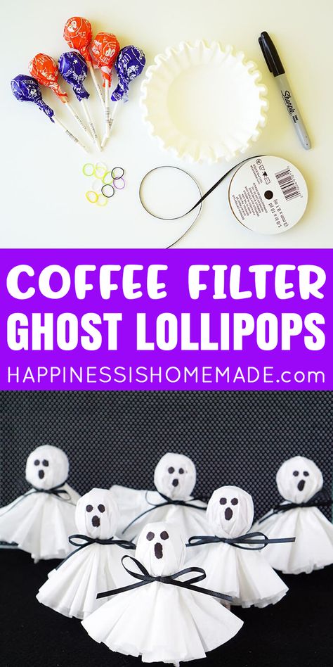 Halloween Treats For School Goodie Bags, Halloween Diy Class Treats, Kids School Halloween Party Treats, Kindergarten Halloween Party Decorations, Lollipop Halloween Treats, Coffee Filter Lollipop Ghosts, Goodie Bag Halloween, Sucker Ghost Craft, Prek Halloween Goodie Bags