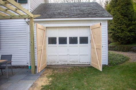 Hide A Garage Door, Disguise Garage Door, Sliding Garage Doors Diy, Close Off Garage Door, False Garage Door, Temporary Garage Door, Fake Garage Door Ideas, Hide Garage Door From Inside, Small Garage Door