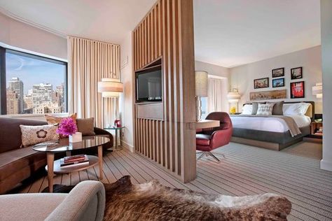 King Suite guest room Hotel Suite Bedroom, Tv Feature Wall, Modern Hotel Room, Interior Hotel, Estate Interior, Hotel Room Design, Living Room Partition, Hotel Interior Design, Tv Wall Design