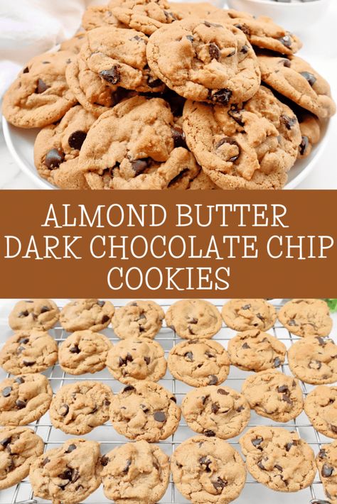 Almond Butter Chocolate Chip Cookies ~ Chewy and sweet almond butter cookies studded with dark chocolate. Dairy-free recipe. Pumpkin Almond Butter Cookies, Almond Flavored Cookies, Recipe Using Almond Butter, Vegan Molasses Cookies, Chocolate Chip Cookies Chewy, Almond Butter Chocolate Chip Cookies, Almond Butter Cookie Recipe, Almond Flour Chocolate Chip Cookies, Almond Butter Chocolate