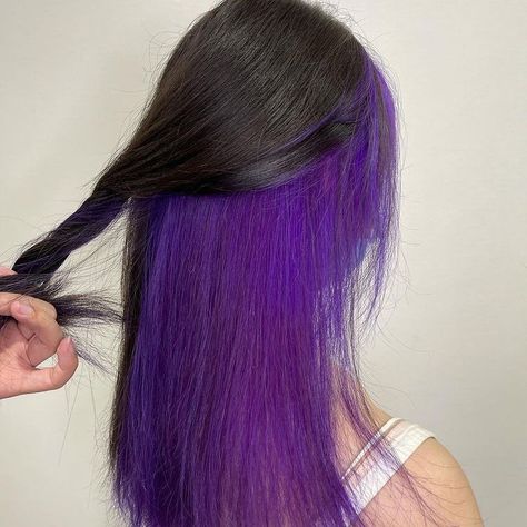 Black And Purple Underneath Hair, Purple Under Black Hair, Purple Bottom Hair, Split Dyed Hair Underneath Purple, Underside Hair Dye Purple, Dark Purple Underdye Hair, Bottom Half Dyed Hair Purple, Purple Underhair, Underhair Dye Purple