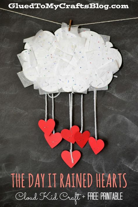 The Day It Rained Hearts - Cloud Kid Craft & Free Printable The Day It Rained Hearts, Preschool Valentine Crafts, Kindergarten Valentines, Cloud Craft, Free Printable Crafts, February Crafts, Valentine's Day Crafts For Kids, Preschool Valentines, Printable Valentines